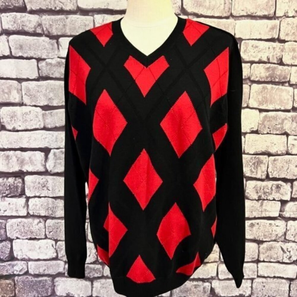 Izod Black & Red V-Neck Long Sleeve Pullover Sweater Size Medium